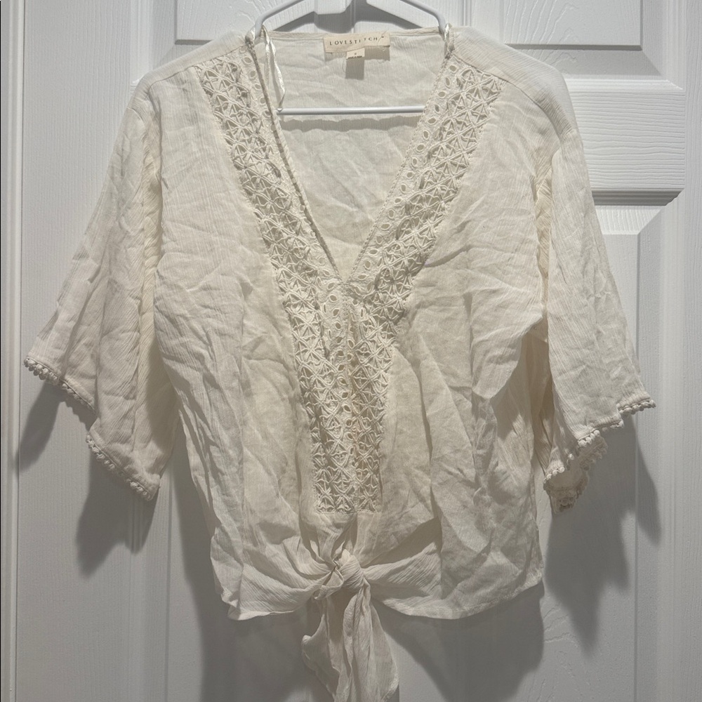 White Lace Tie-Front Blouse